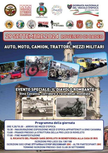 Giornata Nazionale del veicolo d'epoca, il 29 settembre a Roveleto di Cadeo si ricorda Gino Cavanna