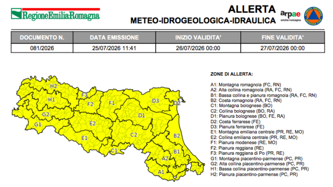 Allerta Meteo Gialla per temporali anche nel piacentino per il 26 luglio