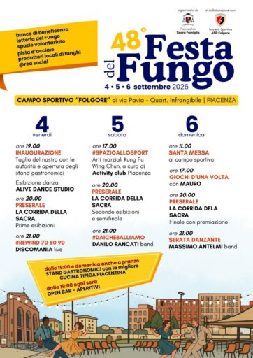 Festa del Fungo 2026 a Piacenza dal 4 al 6 settembre