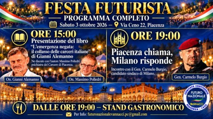 Futuro Nazionale, sabato 3 ottobre la "Festa futurista" con Gianni Alemanno e Carmelo Burgio