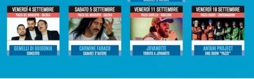 Prosegue Piazza Grande Tour fino al 18 settembre. A Gazzola il 4 settembre i Gemelli Guidonia e il 5 il cabaret di Carmine Faraco