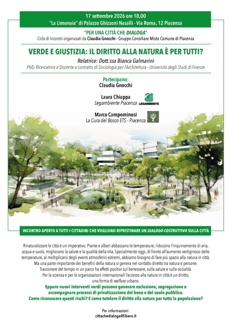 Rapporto fra verde e giustizia sociale, Claudia Gnocchi organizza un incontro tra cittadini ed esperti