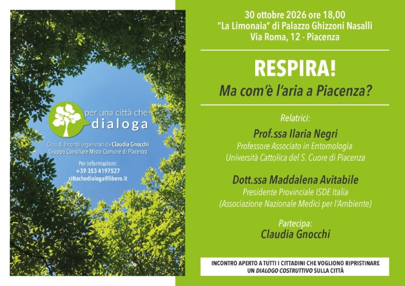 "Respira! Ma com’è l’aria a Piacenza?", il 30 ottobre un incontro pubblico per parlare di ambiente e qualità della vita
